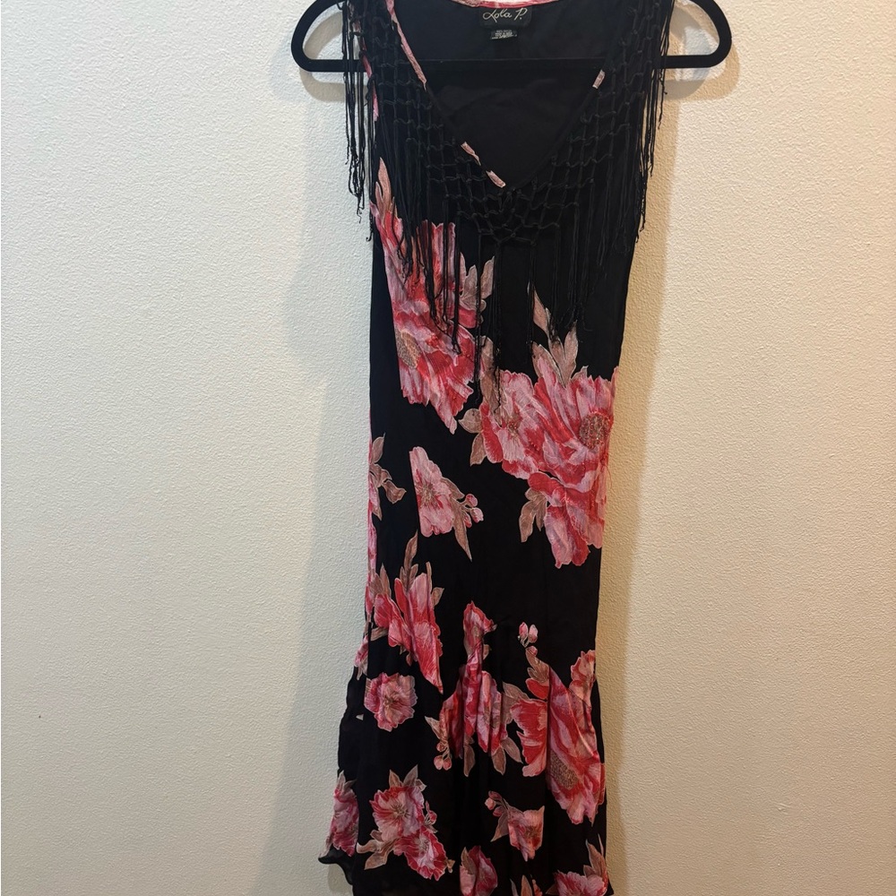 Vintage Whimsigoth Boho Fairycore Black Floral Fringe Chiffon Dress Beaded - Picture 2 of 15